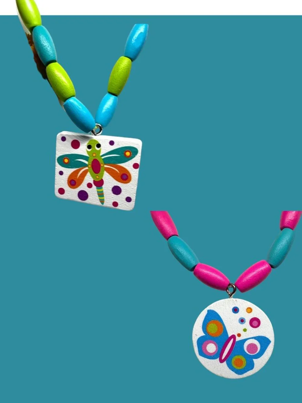 Set of Two Wooden Necklaces with pendants: Approximately 18″–no clasp